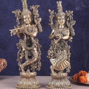 Pure Brass Superfine Radha Krishna Pair Statue 16" | Divine Grace Sculpture | Exquisite Silver Artisan Craftsmanship | 6 kg Idol | Home Temple Decor Gift